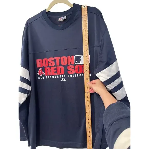 Vintage MLB Boston Red Sox Men's L Long Sleeve Warm Up Baseball Jersey Navy Blue - Picture 4 of 6